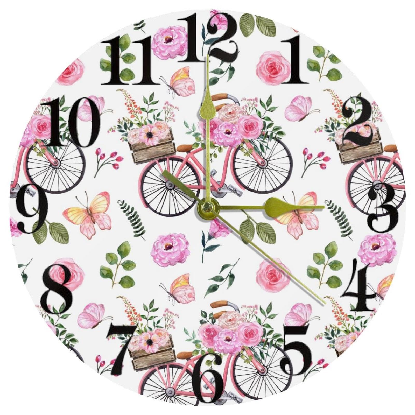Horloge murale ronde à quartz silencieuse avec motif fleurs roses et papillons pour la maison