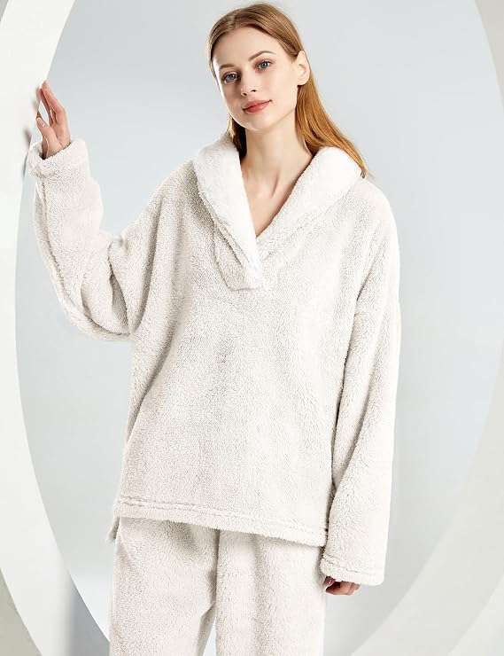Arssm Women Fluffy Pajamas Set Fleece Pajamas Winter Warm Loose Plush Fuzzy Sets 2 Piece Cozy Sleepwear