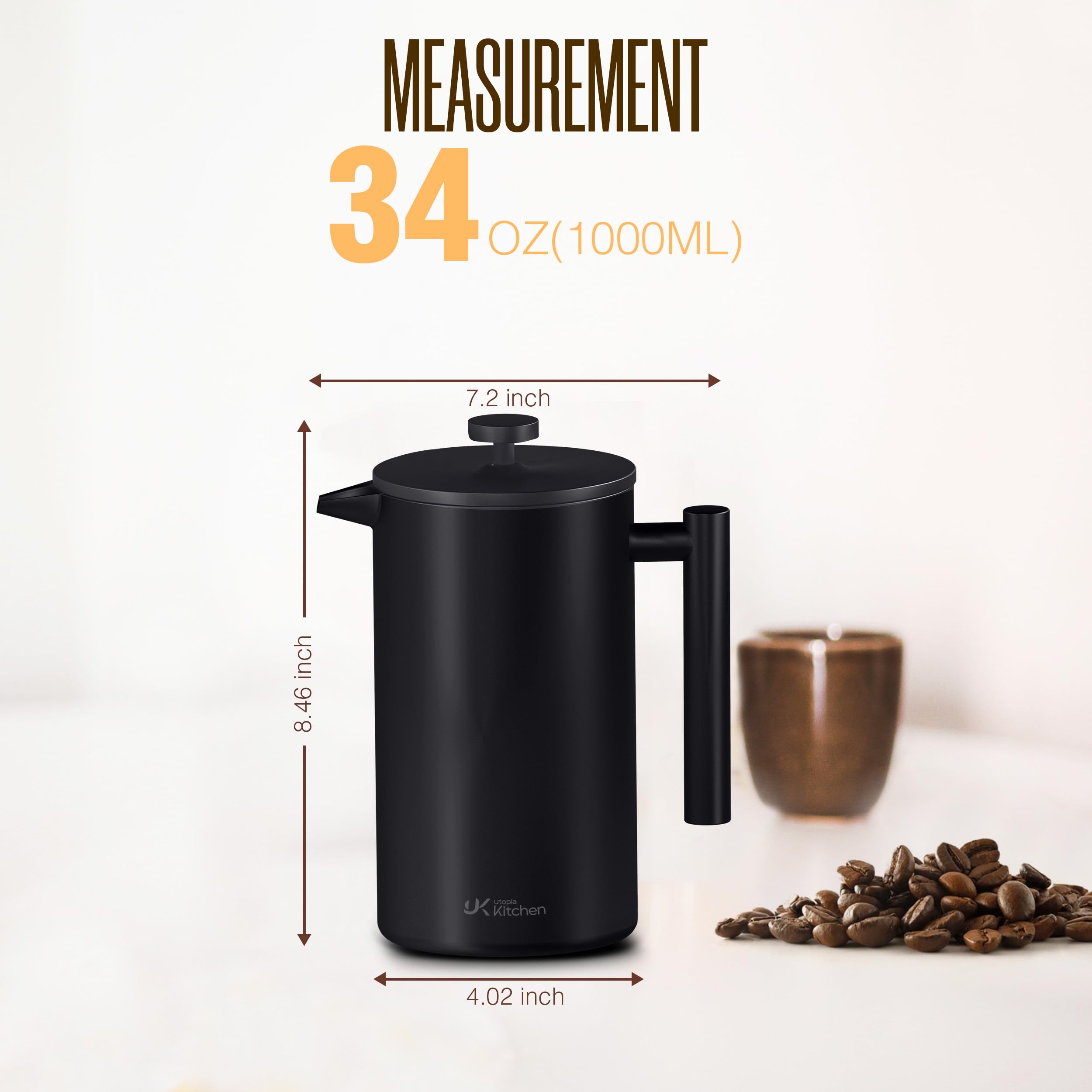 Utopia Kitchen Cafetera de prensa francesa de 34 onzas, acero inoxidable aislado de doble pared con sistema de filtración de 4 niveles, incluye 2 filtros adicionales, sin óxido, apta para