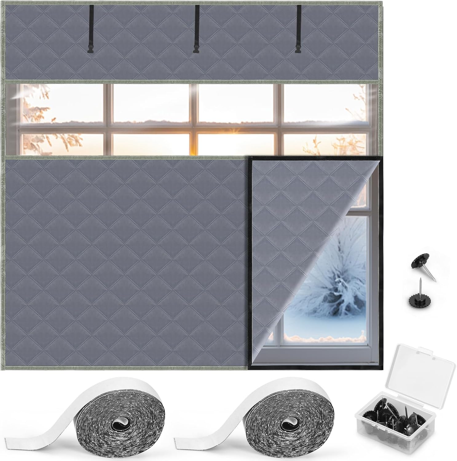Window Insulation Kit for Winter 75'' x 79'' Visible Thermal Window Insulation Reusable Oxford Cloth Cotton Layer Thermal Window Cover Insulated Window Cover Warm Waterproof Attic Insulation Cover Gray-XXXL