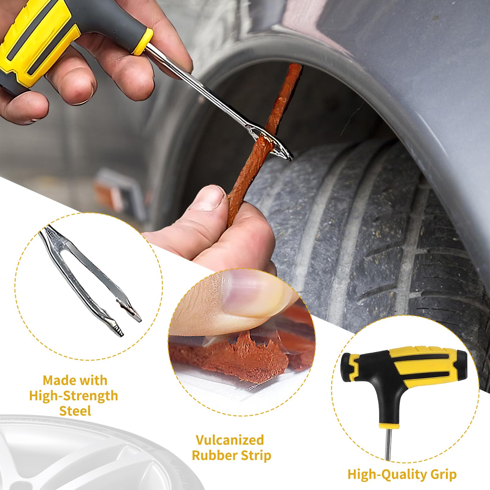 Set di riparazione pneumatici auto, tubeless con 30 strisce di riparazione per pneumatici, 20 strisce marroni e 10 nere e 2 strumenti con impugnatura a T per auto, moto e bicicletta