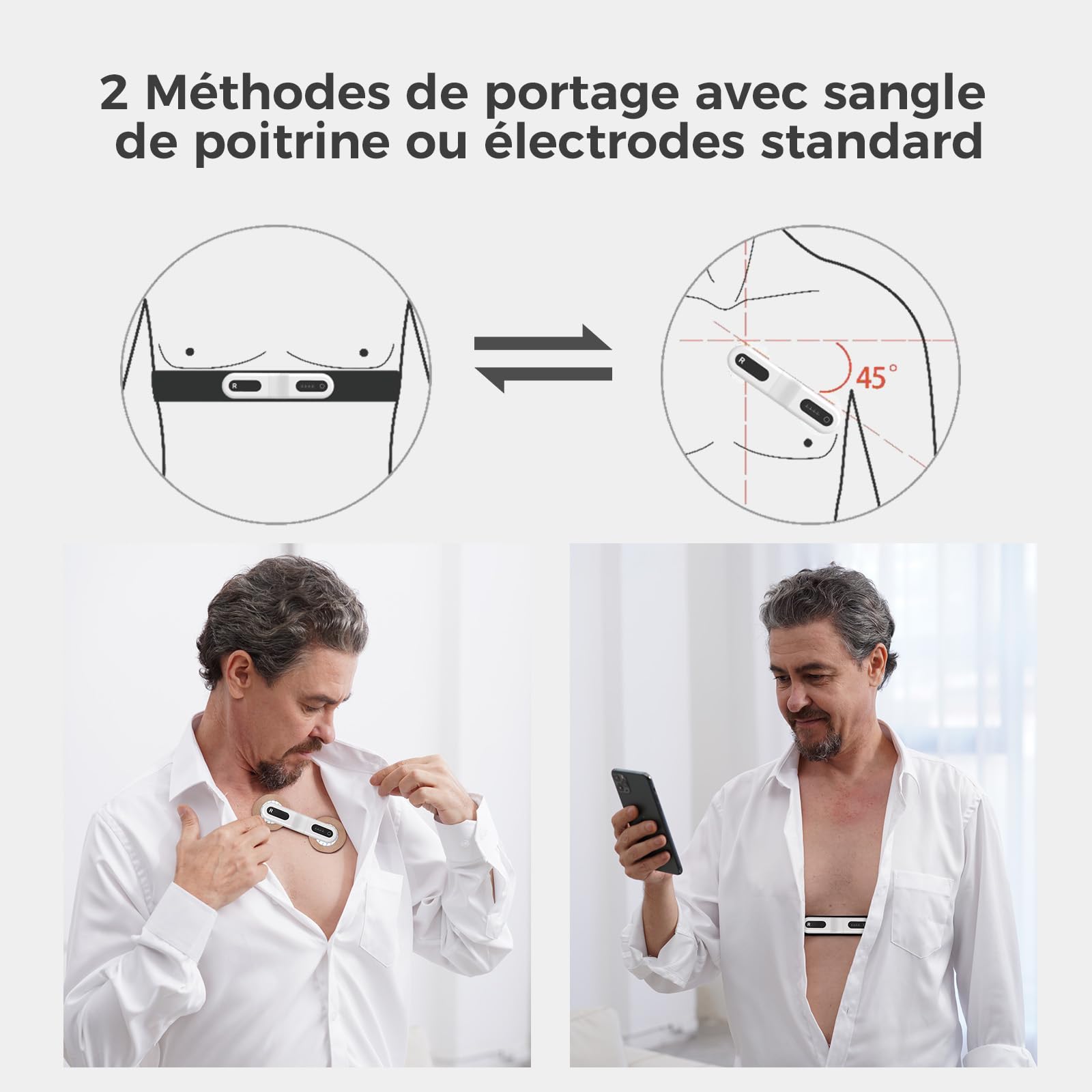CheckMe ER1-LW Moniteur ECG Portable 72 Heures avec Analyse ECG AI, Fonction Marqueur D'événement ECG, App & PC-software, Compatible avec Les Électrodes à pression de 4 mm