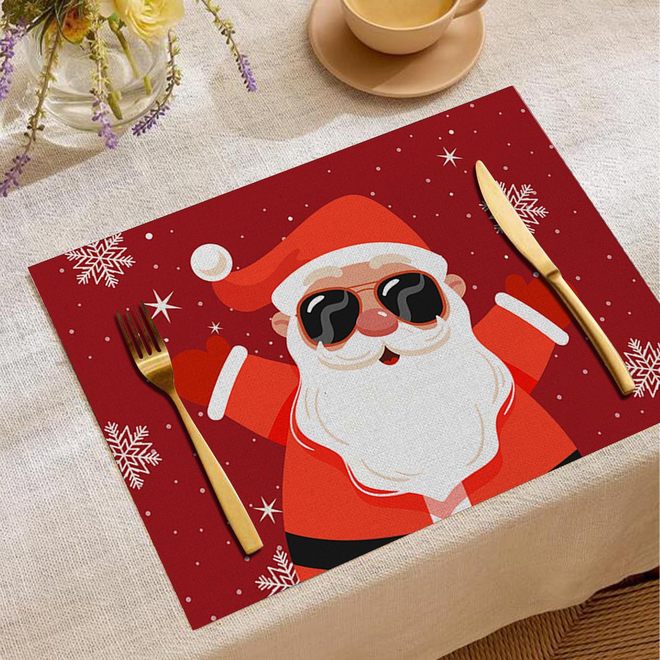 Lot de 6 sets de table carrés en lin Motif Père Noël