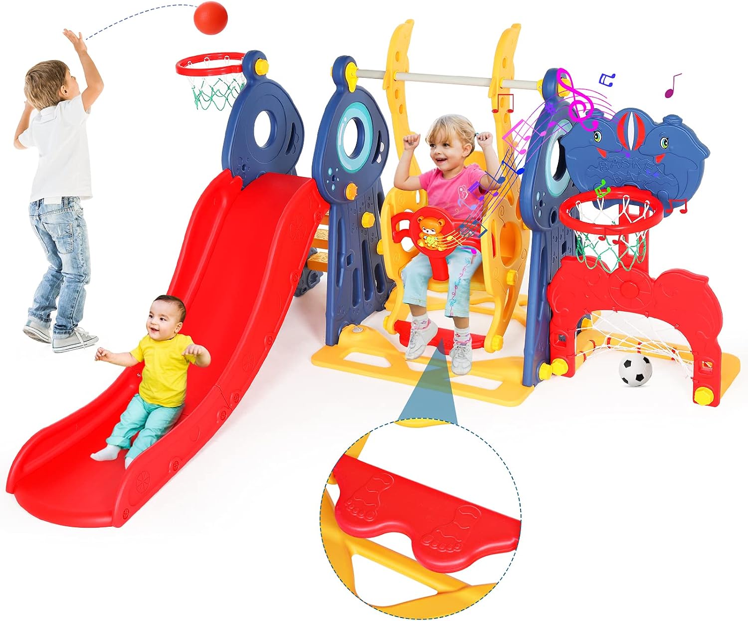 Naice Toddler Slide and Swing Set, 5 in 1 Kids Slide Climber Indoor Outdoor Extra Long Playground Slide, Height Adjustable Swing with 2 Basketball Hoop, Soccer Goal, Music Player Playset, Baby Swing