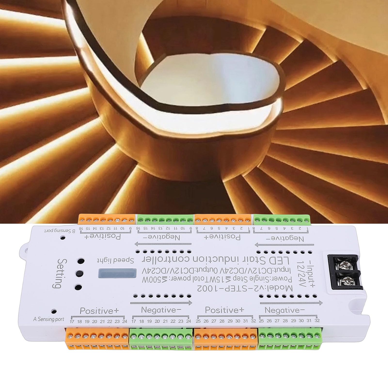 Fafeicy Controlador de Luz de Escalera LED con Sensor de Movimiento Iluminación de Paso Secuencial de 32 Canales con Velocidad Ajustable Encendido Automático y Apagado para Escalera