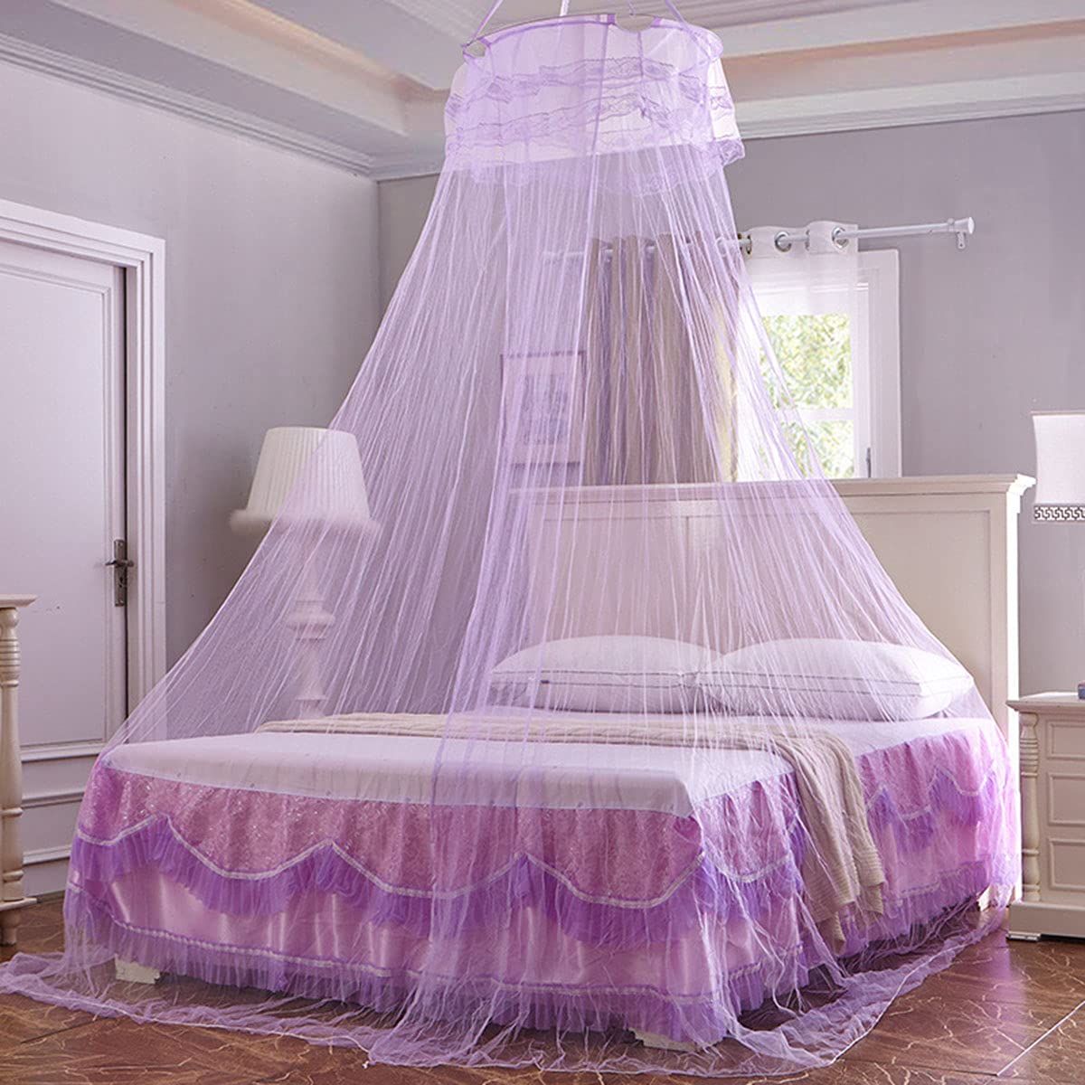 Moskitiera, baldachim do łóżka podwójnego i pojedynczego, łóżeczka dziecięce, Princess Dome Mosquito Mesh Curtain Bed Tent z haczykiem samoprzylepnym Torba podróżna 60x260x1100 cm, fioletow