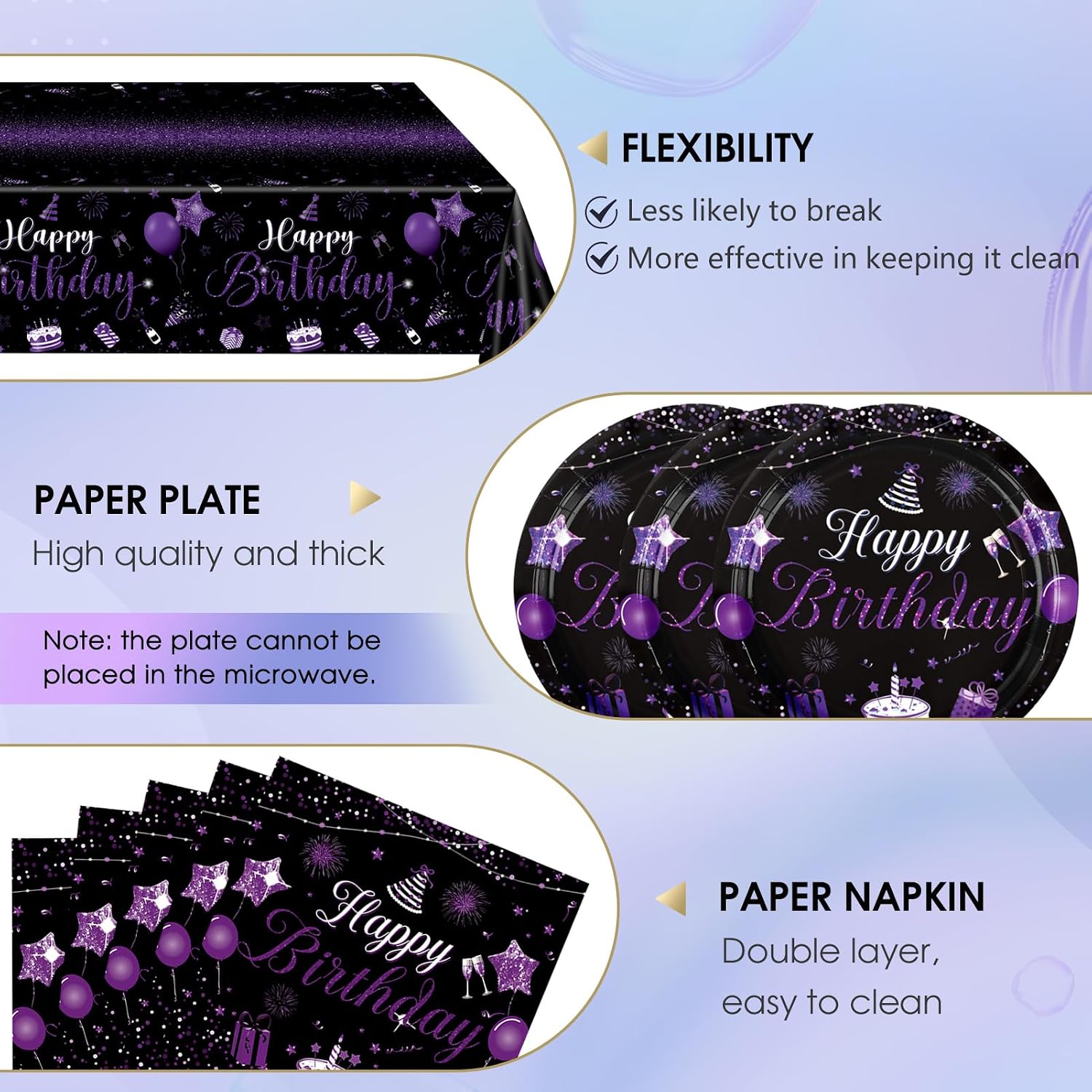 Purple & Black Decorations Set - Disposable Tableware with Plates, Napkins, Tablecloth & More for Men & Women's Birthdays image 2