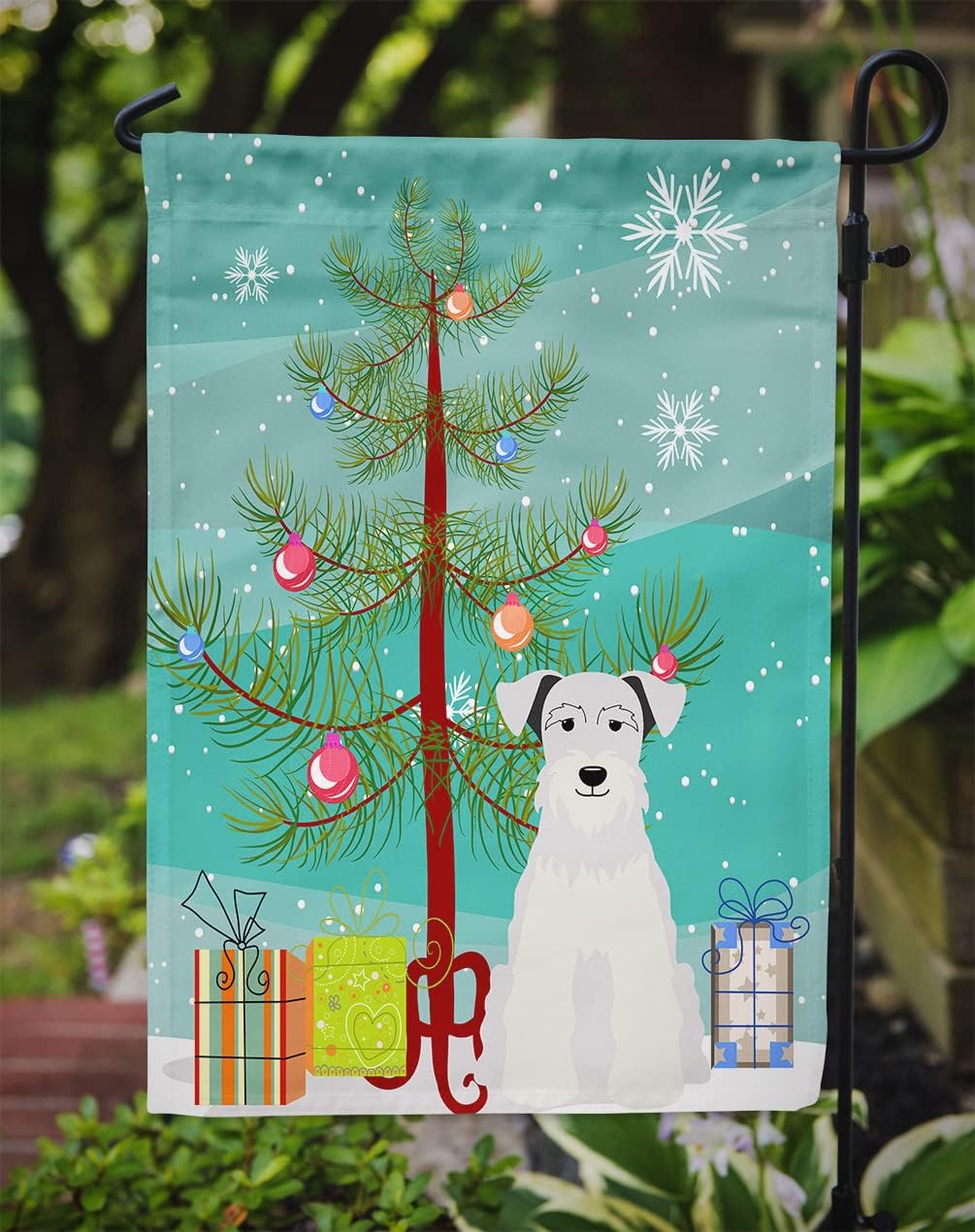 Caroline's Treasures BB4178GF Merry Christmas Tree Miniature Schnauzer White Garden Flag Mailbox Flag Decorative Yard Flag Banner Outside Patio Artwork Yard Flower Beds, Garden Size, Multicolor