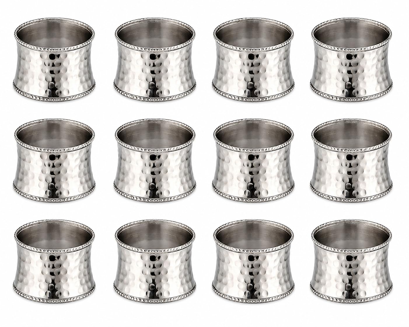 ITOS365 Lot de 12 ronds de serviette en métal martelé avec perles argentées pour serviettes en tissu, décoration de table élégante pour mariages, Thanksgiving, Noël et dîners