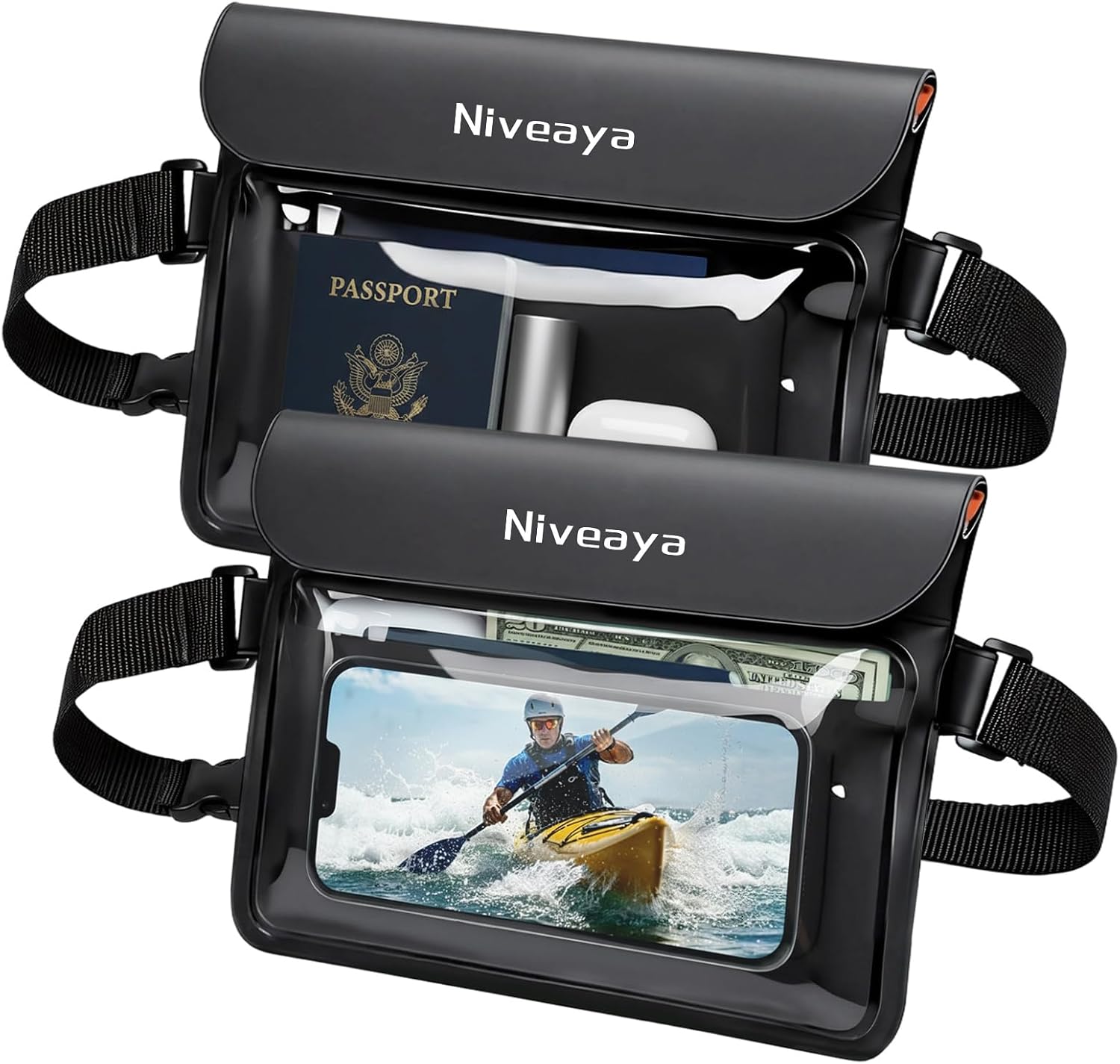 Niveaya IPX8 Waterproof Fanny Pack, Waterproof Pouch Dry Bag for Beach, Kayaking, Swimming, Boat Travel Cruise Essentials, Waterproof Phone Bag Passport Holder for Women Men(2 Pack)