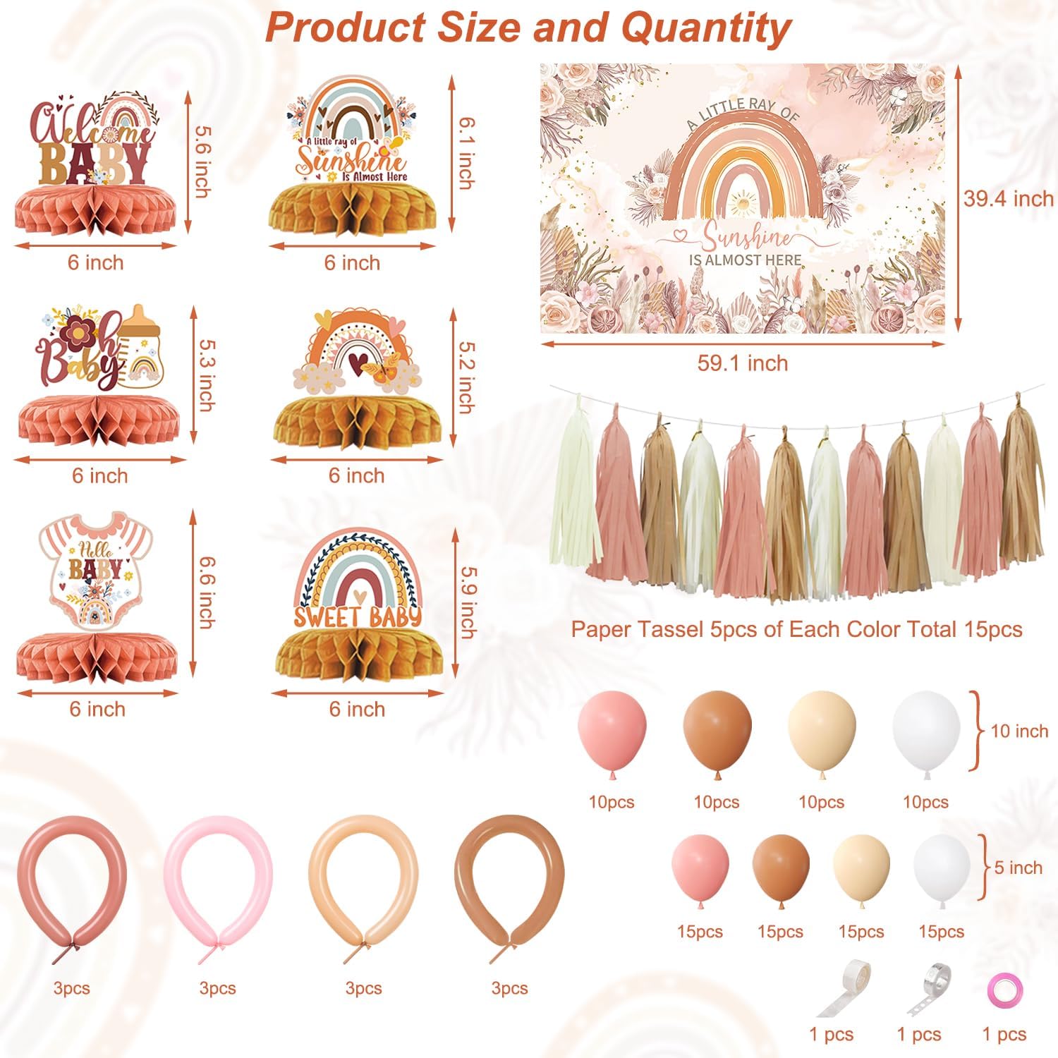 Boho Baby Shower Decorations for Girl, Boho Rainbow Baby Shower Decorations Party Supplies with Rainbow Honeycomb Centerpieces Tablecloth Backdrop Tassel Balloons Arch Kit