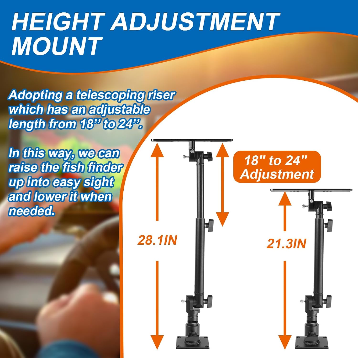 Fish Finder& Chartplotters Bracket, Marine Electronic Mount with 18'' to 24'' Adjustable Height, 350° Swivel, Compatible with Garmin, Humminbird, Lowrance and More