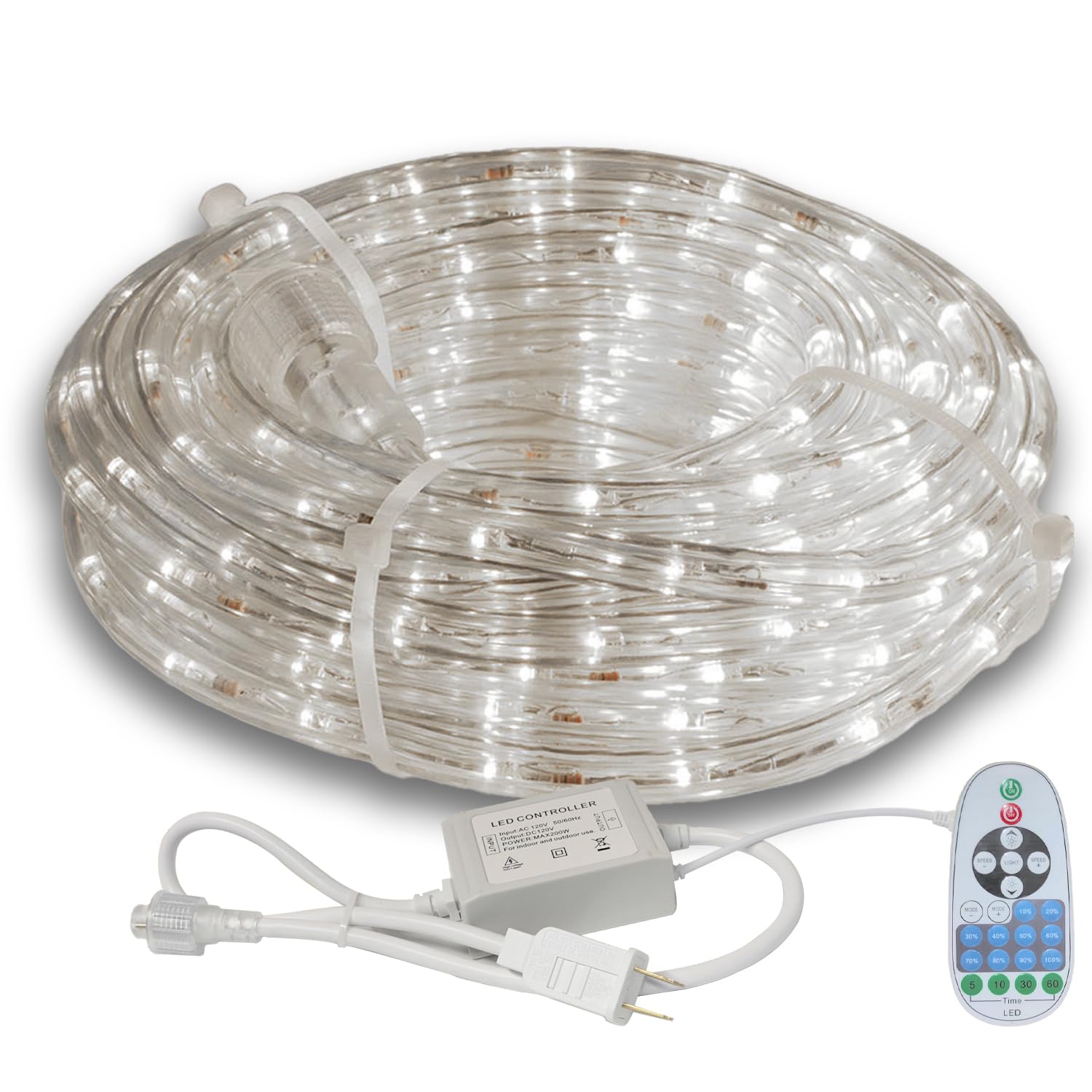 beatineon 33FT Rope Lights Outdoor with Remote,Cuttable Connectable,300LEDs Strip Lights with Adjustable Brightness Waterproof with Plug for Patio, Christmas Decoration (White)