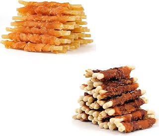 MON2SUN Chicken Wrapped Cod Sticks 40 Count & 4 Inch Chicken and Duck Wrapped Calcium Bones 30 Count for Small Dogs