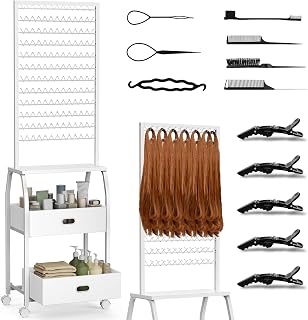 Portable Braiding Hair Rack With Wheels & Storage Drawers,2-sided 288 Pegs,Hair Extension Holder Hanger for Braiding Hair Separator Stand Display,Hair rack with stylist hair braiding tools(White)