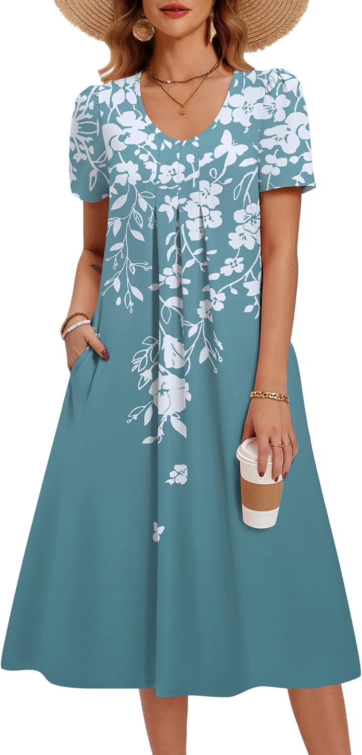 Zeagoo Summer Dress for Women Casual Floral Midi Sundress with Pockets V Neck Pleated Short Sleeve Aline Beach Vacation Dress