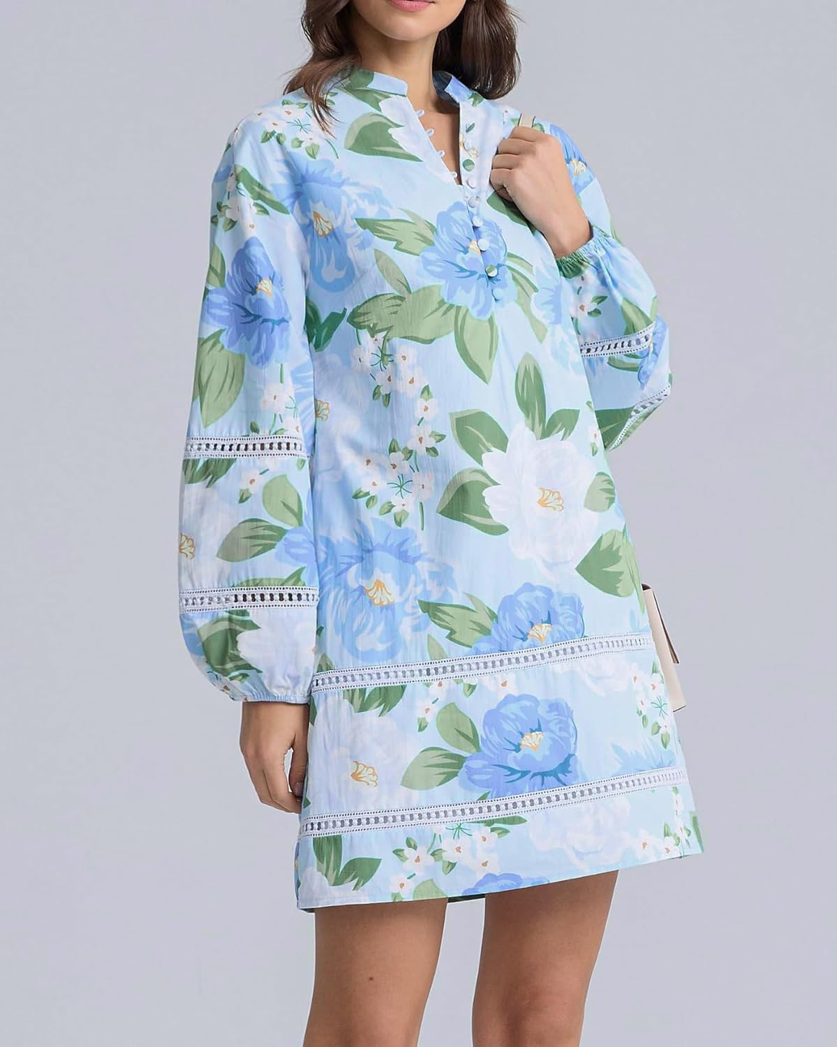 Women Floral Mini Dress Puff Long Sleeve Stand Collar Casual A Line Shift Short Dress