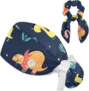 FVQL 2 Pieces Surgical Cap for Long Hair Scrub Cap with Hairband Nurse Cap, Dinosaur and Cacti