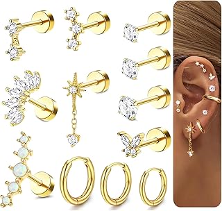 Incaton 20G Cartilage Piercing Jewelry Flat back Helix Earrings for Women Hypoallergenic Surgical Steel Gold Cartilage Hoop Earring Set Daith Tragus Conch Flat Back Stud Earrings