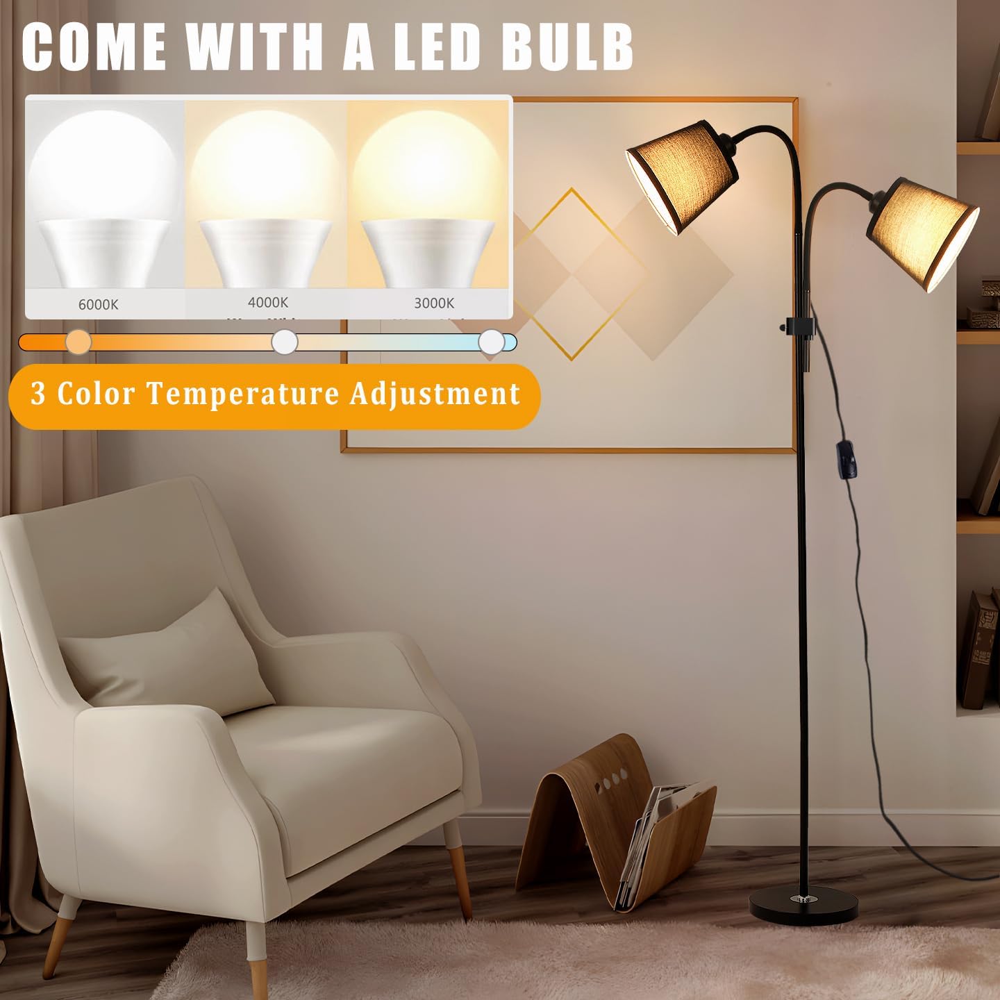 AoMck Floor Lamp, Industrial Metal Floor Lamps for Living Room with Adjustable Bendable 2 in 1 Reading Table Lamps for Living Room Bedroom Office (B2+Black)
