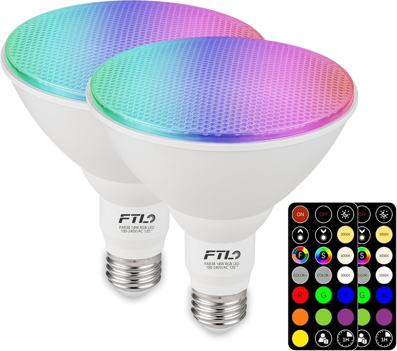 FTL PAR38 LED Color Changing Flood Light Bulb with Remote Control, Dimmable RGB Colored Light Bulbs 14W=100W, 30 Colors, Timer, 2700K-6000K, Outdoor Spotlight Bulbs for Recessed Can Lighting 2-Pack