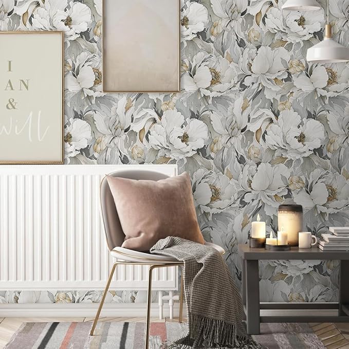 Modern Grey Peonies & White Poppies Floral Wallpaper | Peel & Stick