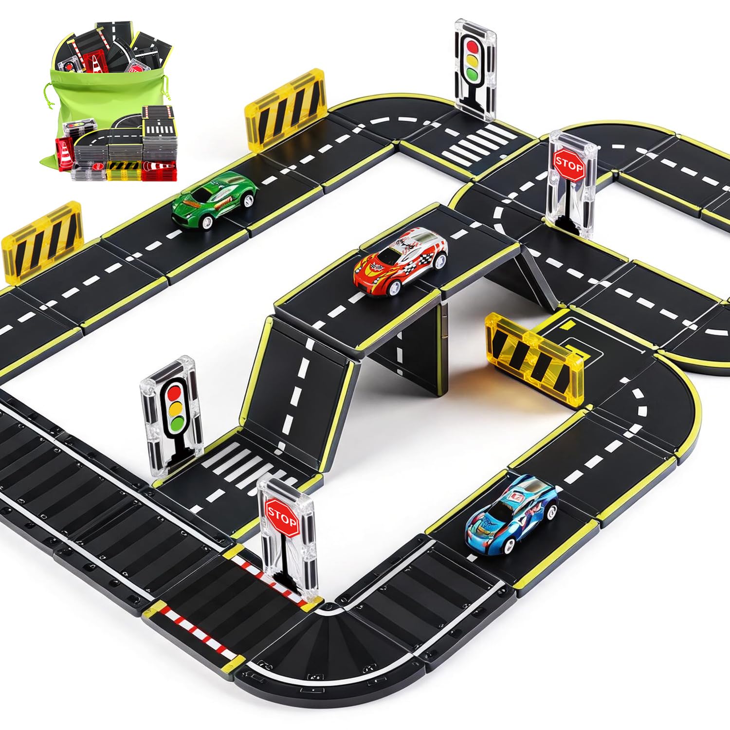 26Pcs Magnetic Tiles Road Set, Double Sided Magnet Building Blocks for Kids
