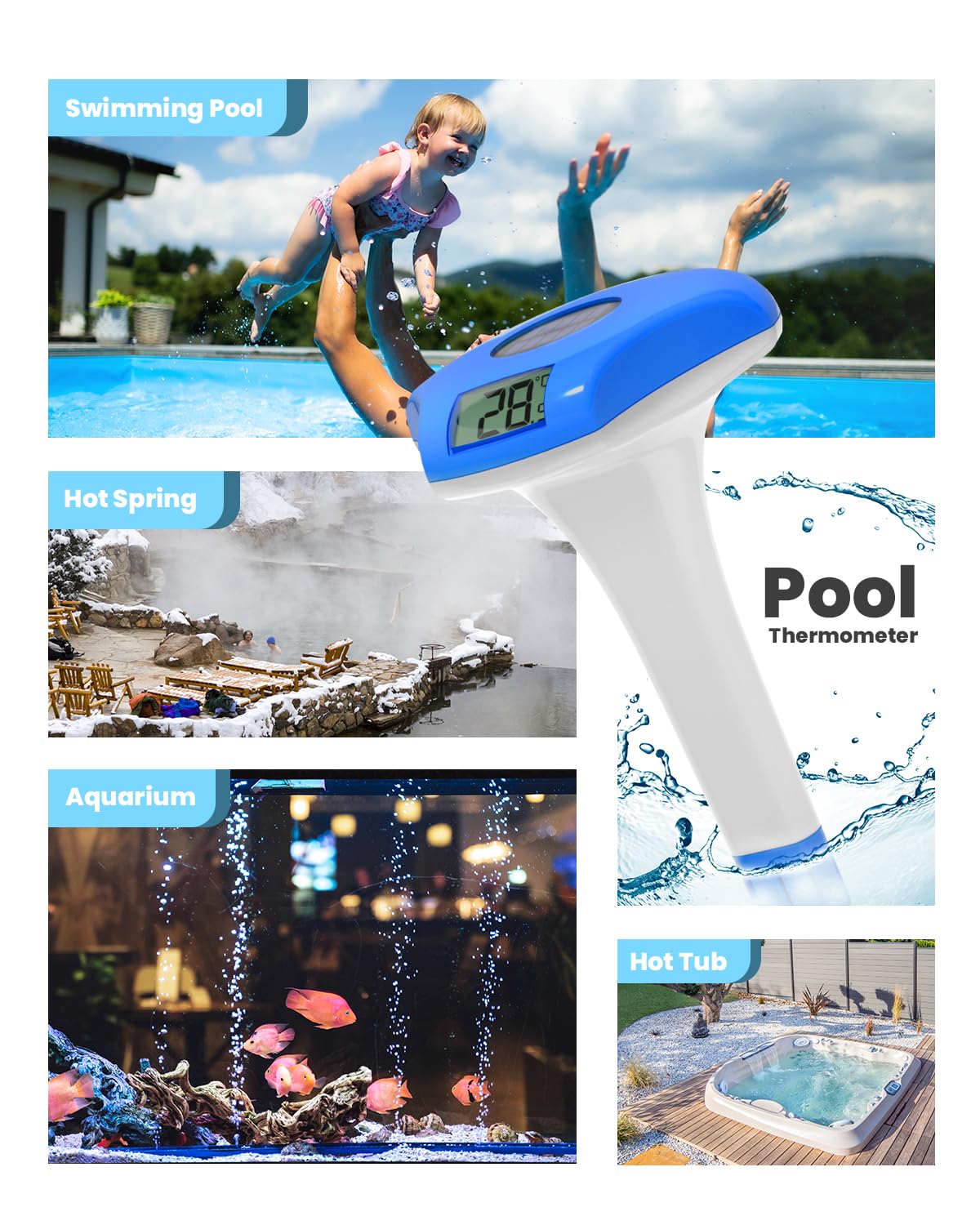 BALDR Pool-Thermometer Schwimmend, IPX8 Wasserdicht, Solarbetriebenes Pool-Thermometer, Geeignet für Schwimmbad/Whirlpool/Warmwasserquelle/Aquarium(Tiefblau)