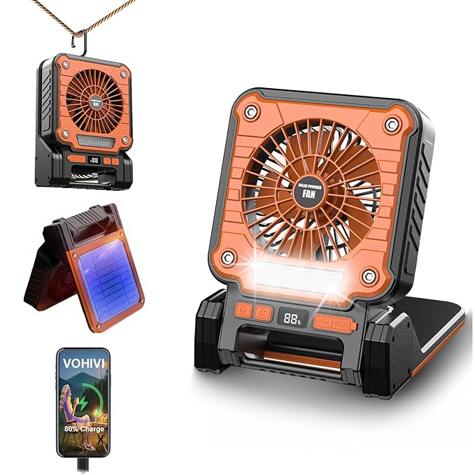 Solar Powered Rechargeable Fan with Light - 3 Speed Portable USB-C Hanger Camping Fans