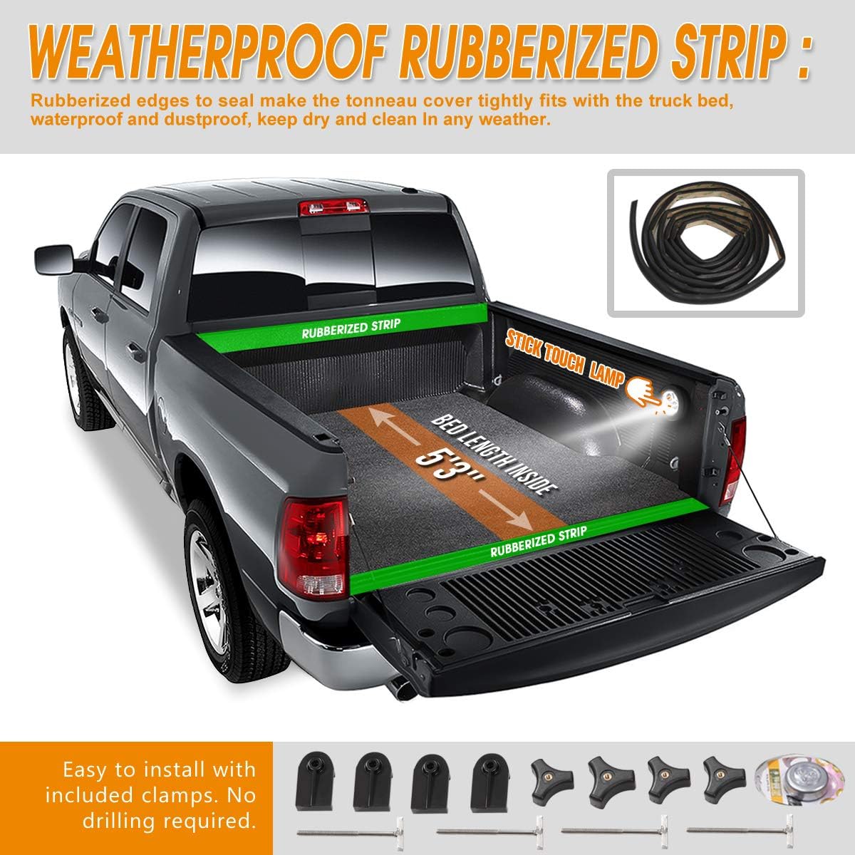 Soft Tri-Fold Tonneau Cover Compatible with 2005-2011 Dodge Dakota 5.3Ft Flareside/Styleside Bed, Waterproof Vinyl Truck Bed Cover, Matte Black