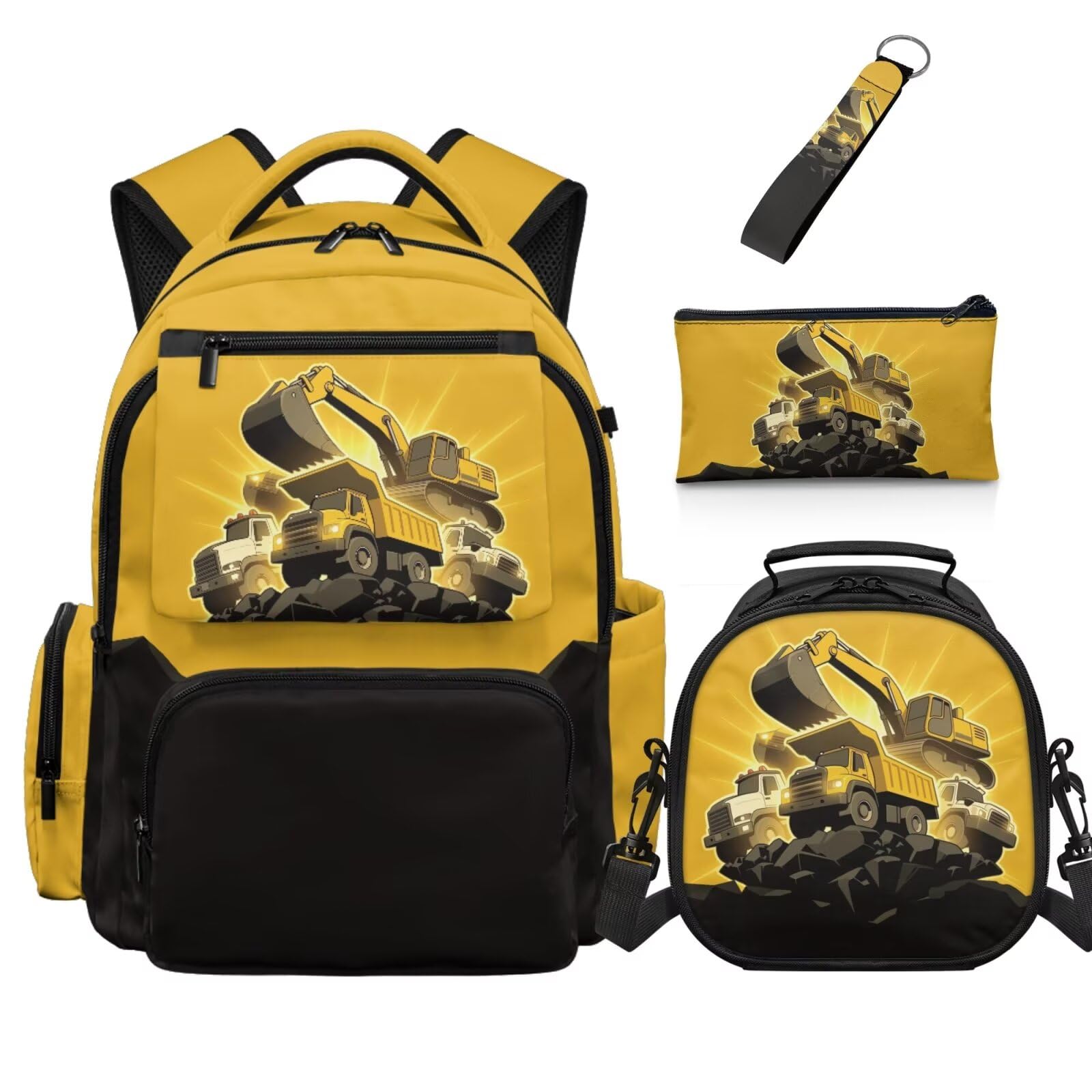 Dolyues Dinosaurier-Rucksack mit Lunchbox für Jungen, 4. Klasse, Schulanfang, Büchertasche für Grundschulkinder, Alter 8–10 Jahre, 4 Stück, Bagger, Tagesrucksack
