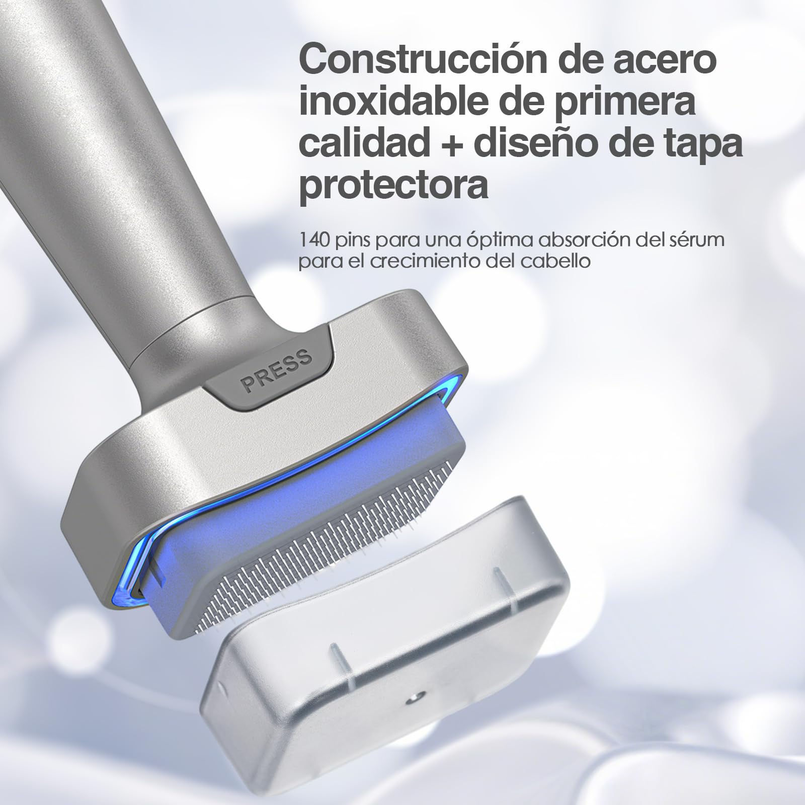 Biopen Derma Stamp 140 Pins, Microneedling + Vibración + Luz LED con 2 Cabezales Reemplazables (0,5 mm) para Cabello Debilitado/Crecimiento de la Barba/Cuidado Facial (Oro Blanco)