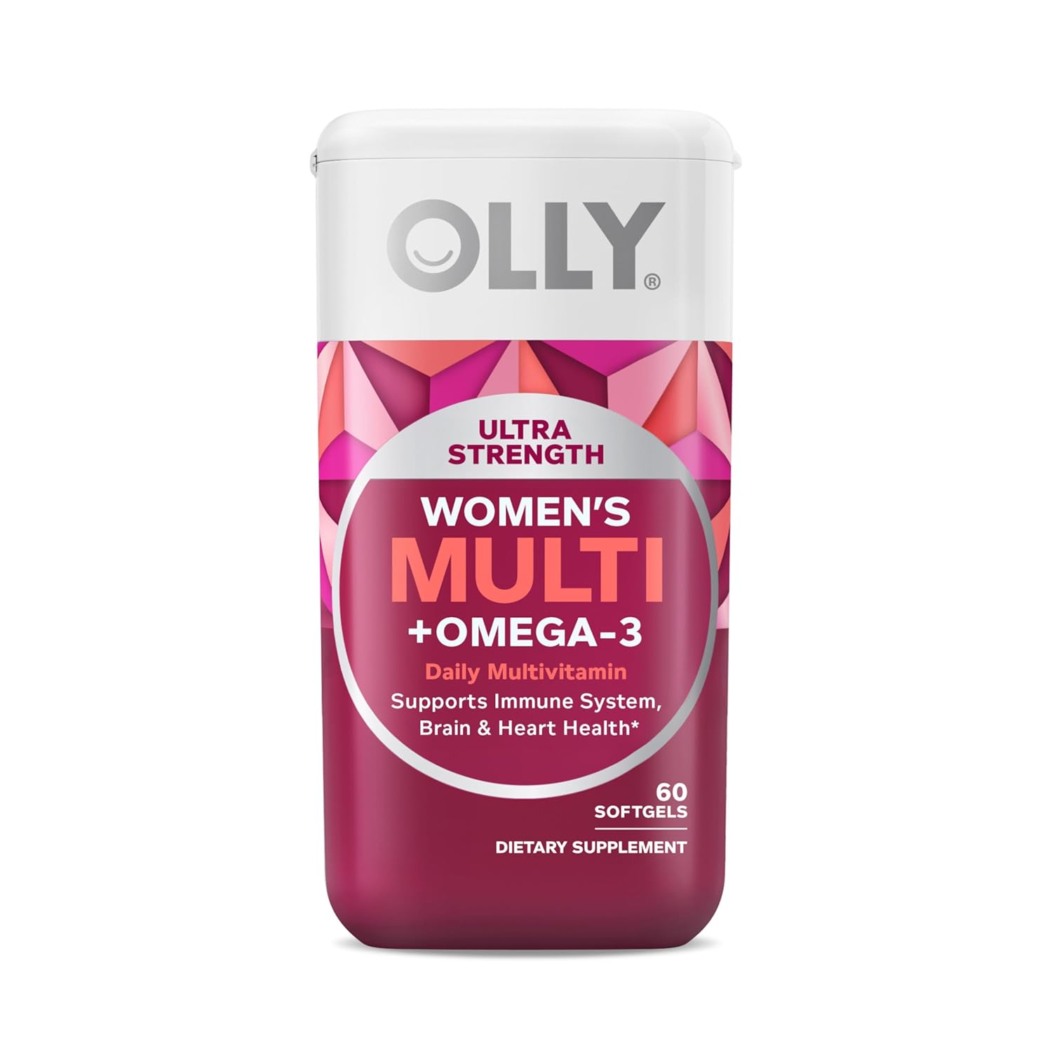 OLLY Multivitamínicos ultra femininos, saúde geral e suporte imunológico, ômega-3s, ferro, vitaminas A, D, C, E, B12, Multivitamínico diário, fornecimento de 30 dias – 60 unidades