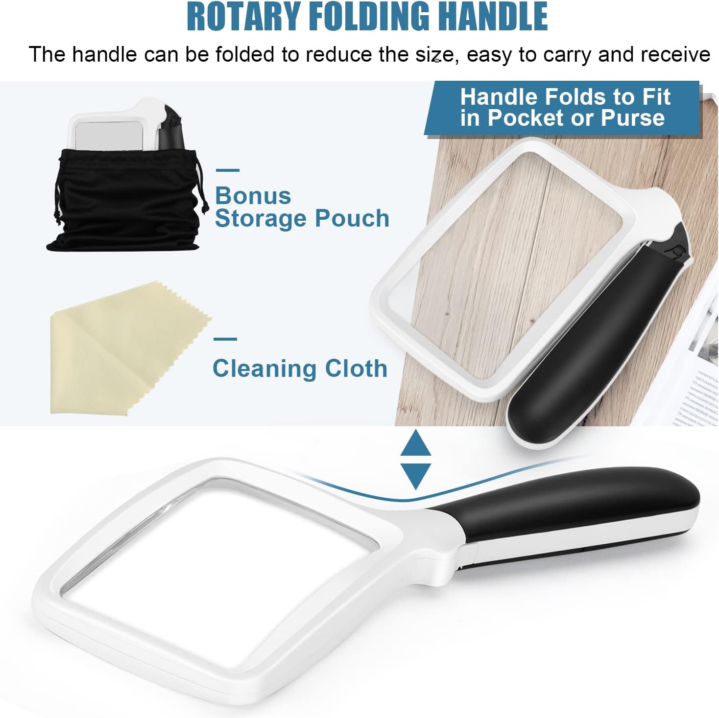 Folding Handheld Magnifying Glass with Light, 3X Large Rectangle Reading Magnifier, Dimmable for Seniors with Macular Degeneration, Newspaper, Books, Small Print, Lighted for Low Visions White Black image 4