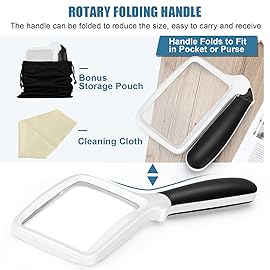 Folding Handheld Magnifying Glass with Light, 3X Large Rectangle Reading Magnifier, Dimmable for Seniors with Macular Degeneration, Newspaper, Books, Small Print, Lighted for Low Visions White Black