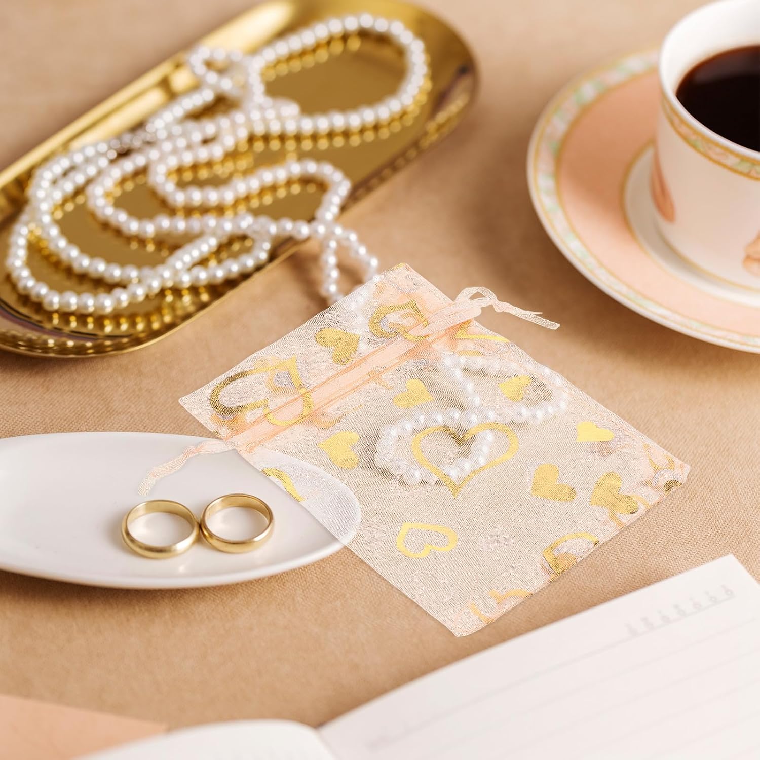 Hemoton 50pcs Gold Foil Heart Jewelry Drawstring Bags with Soft Gauze Mesh Material for Valentines Day Wedding Favor Present Wrapping and Versatile Use