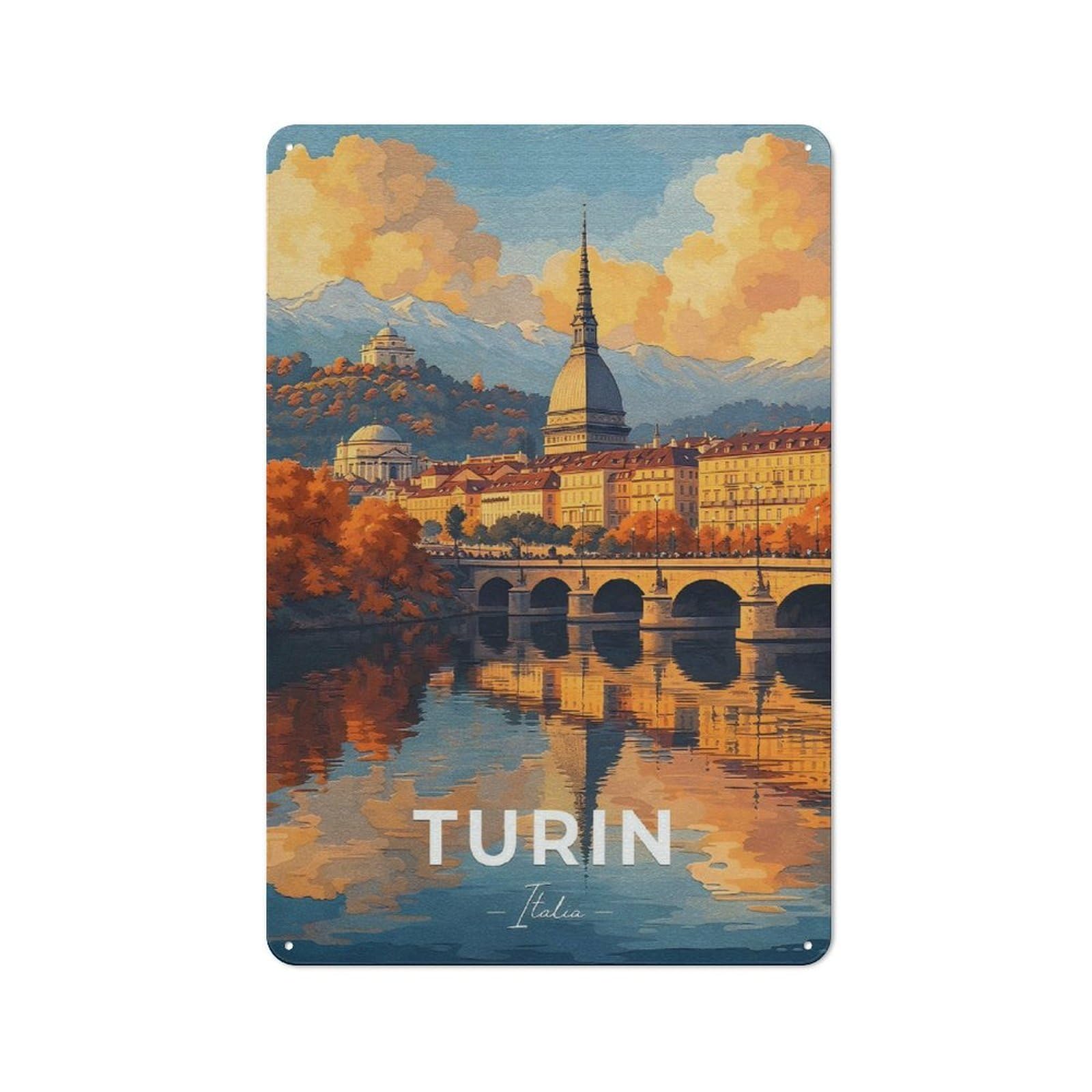 Junmoney Style-19 Metal Plaque 30X20cm With Turin, Italy Cityscape With River Reflection For Pub Or Café, Vintage Decor, For Vintage Wall Decor Fans, For Metal Sign Collectors