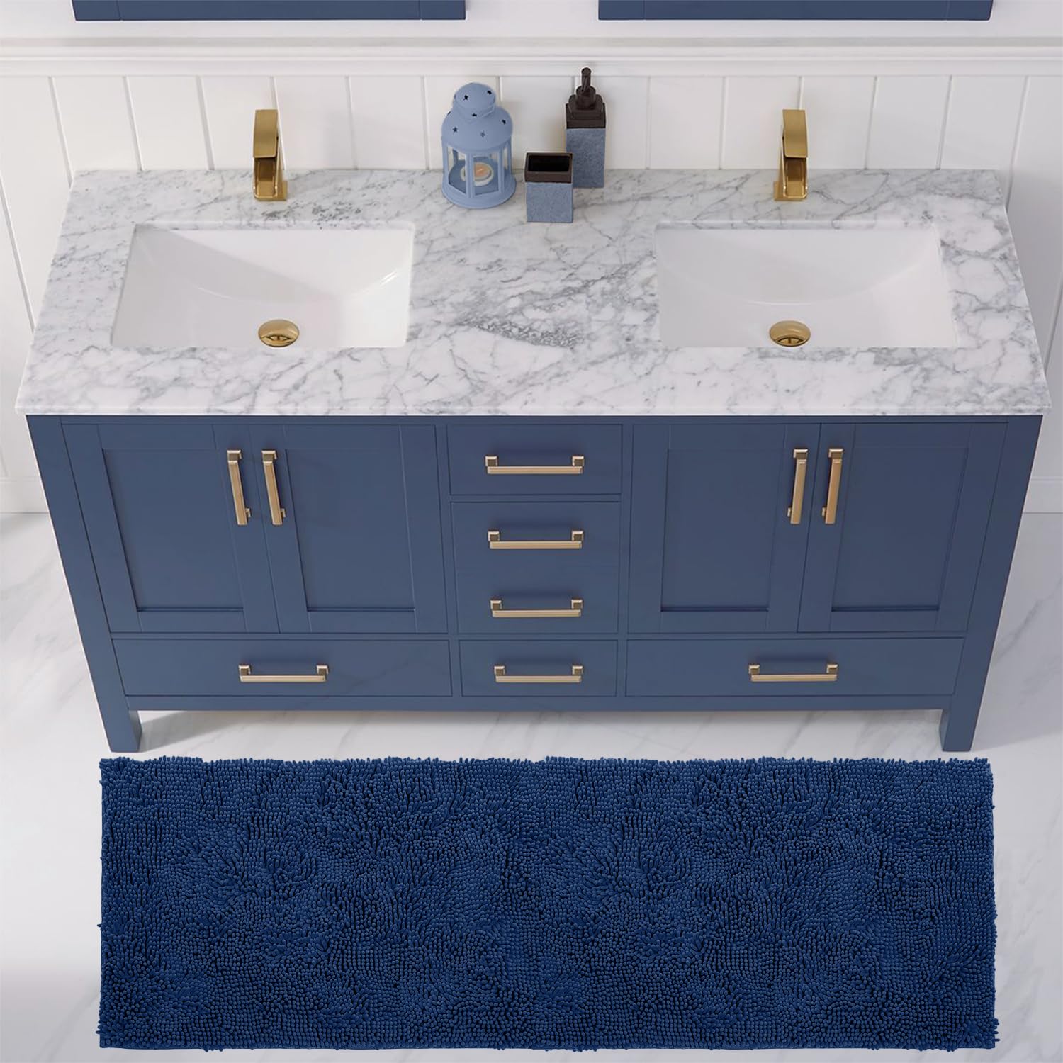 LuxUrux Plush Chenille Runner Rug – Ultra-Soft, Absorbent & Non-Slip Bath Mat for Bathroom, Hallway & More, Machine Washable (27 x 47 inches, Blue)