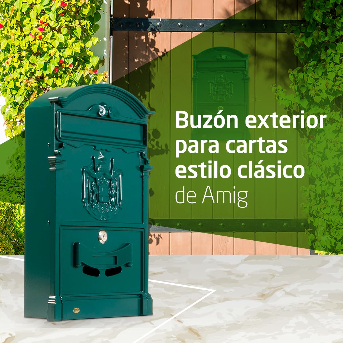 Amig - Buzón Exterior de Pared - Diseño Vintage - Tamaño Compacto para DIN A4 - Apertura Frontal con Cerradura - Aluminio - Verde - Fácil de Instalar en Puertas o Verjas - 40 x 24 x 8 cm