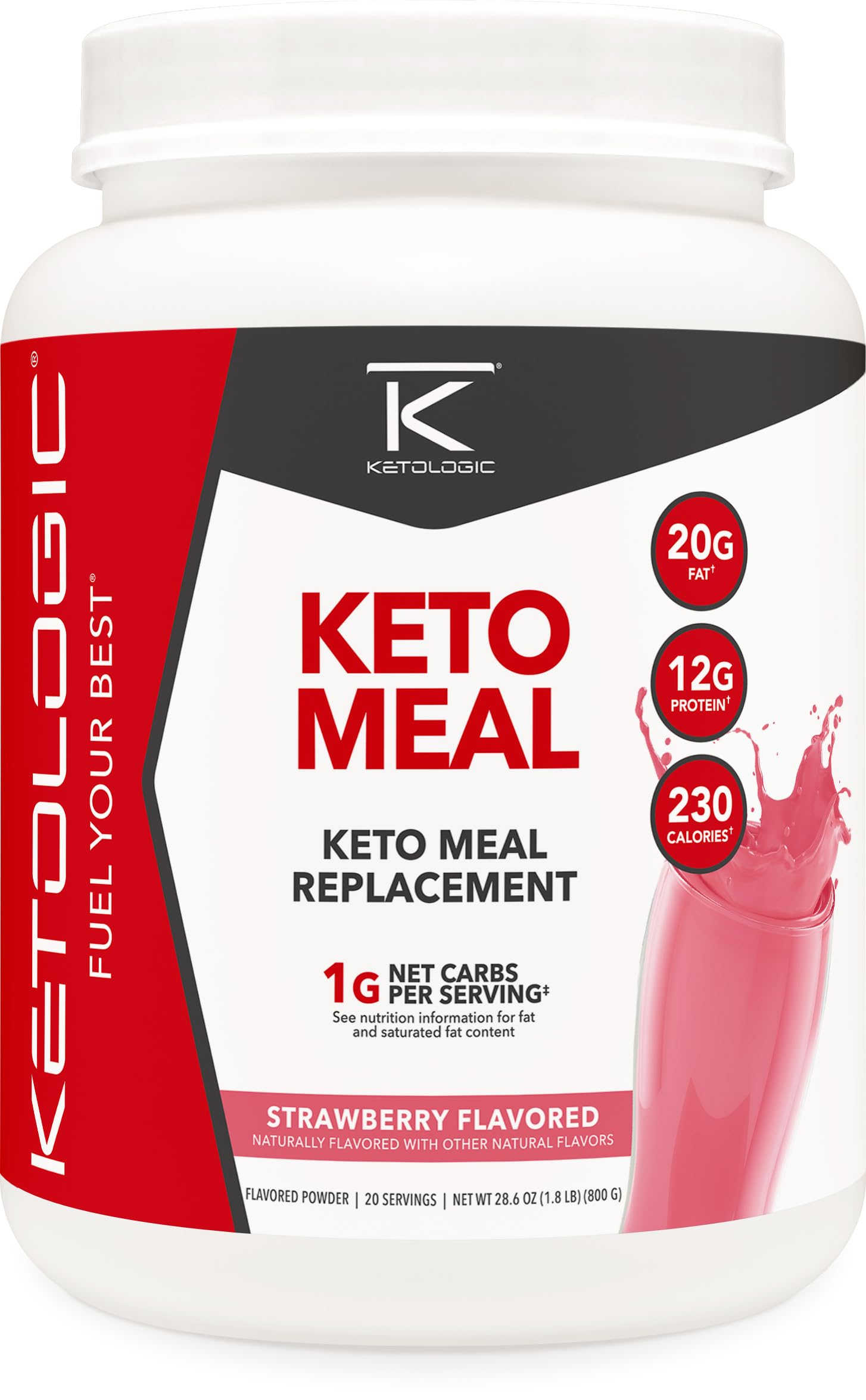 KetoLogic Keto Meal Replacement Shake Powder For Optimal Results + MCT Oil + Grass-Fed Whey - Perfectly Formulated Macros for Ketosis - 20 Servings - Strawberry