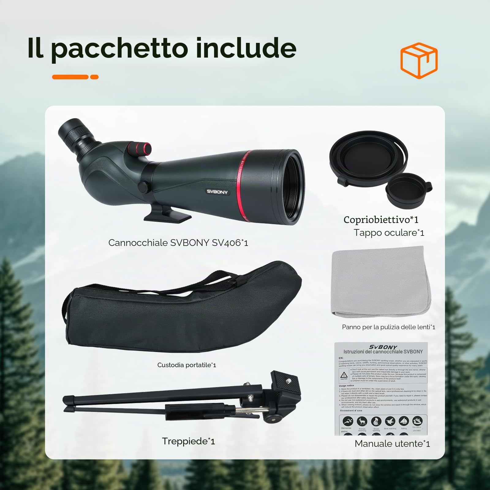 Svbony SV406 20-60x80mm Cannocchiale, HD FMC BAK4, Doppia Messa a Fuoco, 1,25'' Oculare Rimovibile, IPX7 Impermeabile, con Treppiede, Borsa, per Birdwatching, Animali Selvatici, Paesaggi, Tiro a Segno