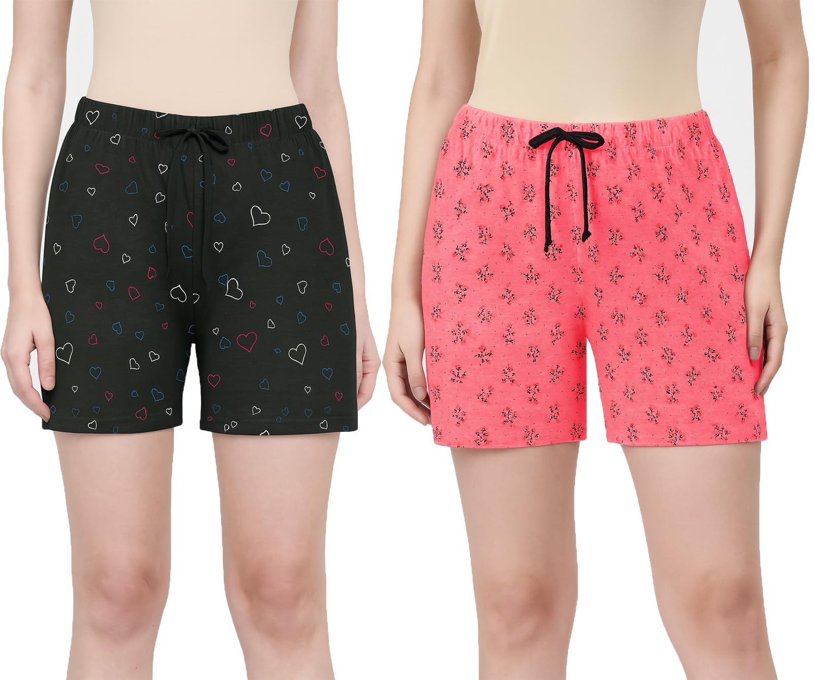 brand flex Women's Printed Cotton Lounge Shorts, Black and Pink, Heart and Floral Pattern, Drawstring Waist-picture-46