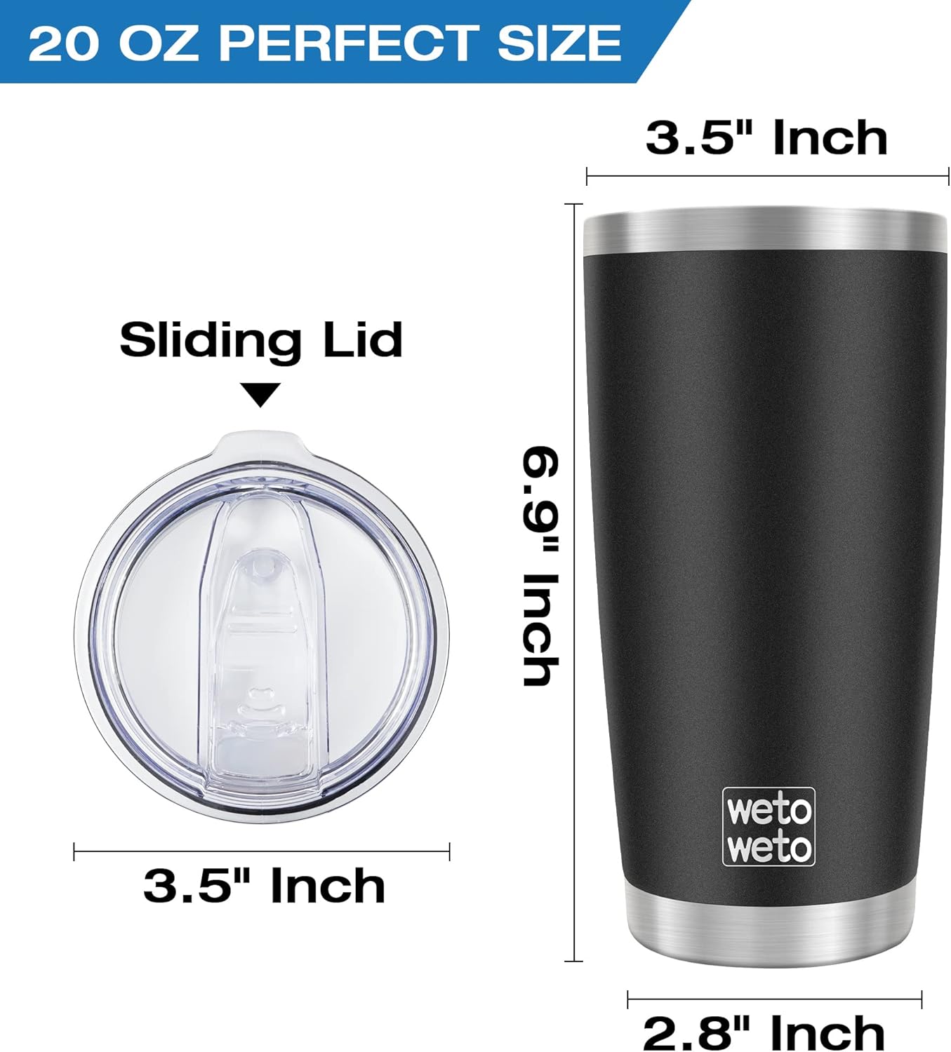 WETOWETO 20oz Tumbler, Stainless Steel Vacuum Insulated Coffee Tumbler Cup, Double Wall Powder Coated Leak-proof Travel Coffee Mug Cup (Black, 1 Pack) - Image 3