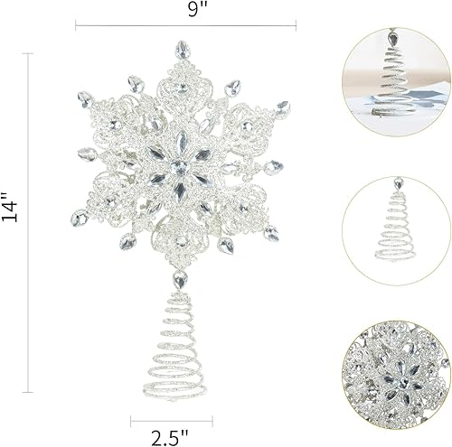 Vista 5 de Topadorn Tree Topper Metal Silver Star Snowflake Treetop Festive Party Home Xmas, Kali