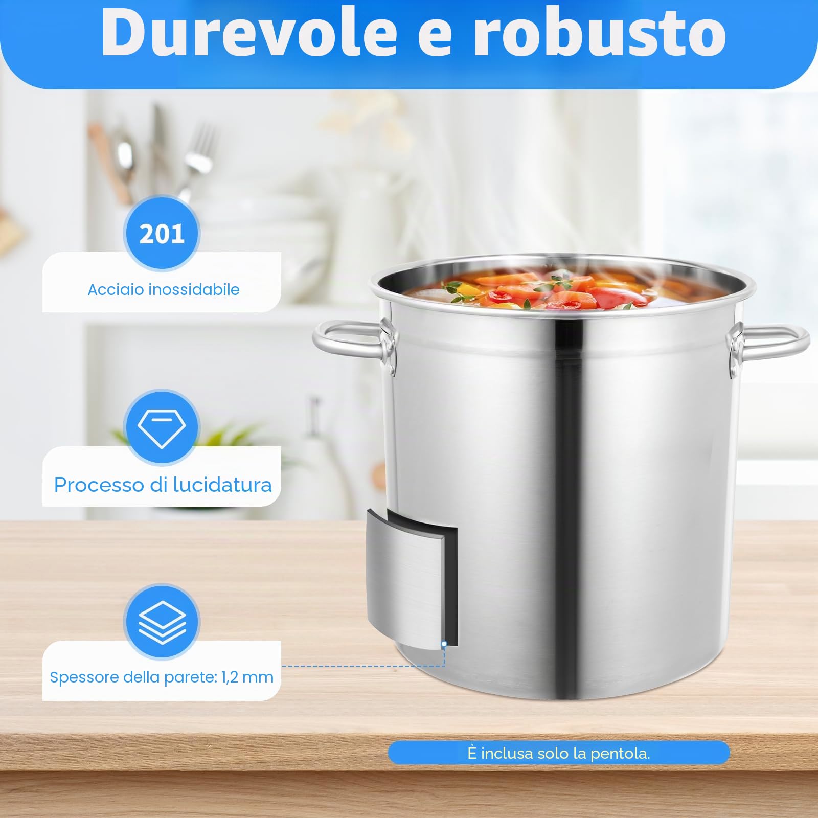 Gourmet Pentola (35 l), in acciaio inox con coperchio, pentola grande per il campeggio, pentola per la pasta, pentola ausiliaria per la cucina.