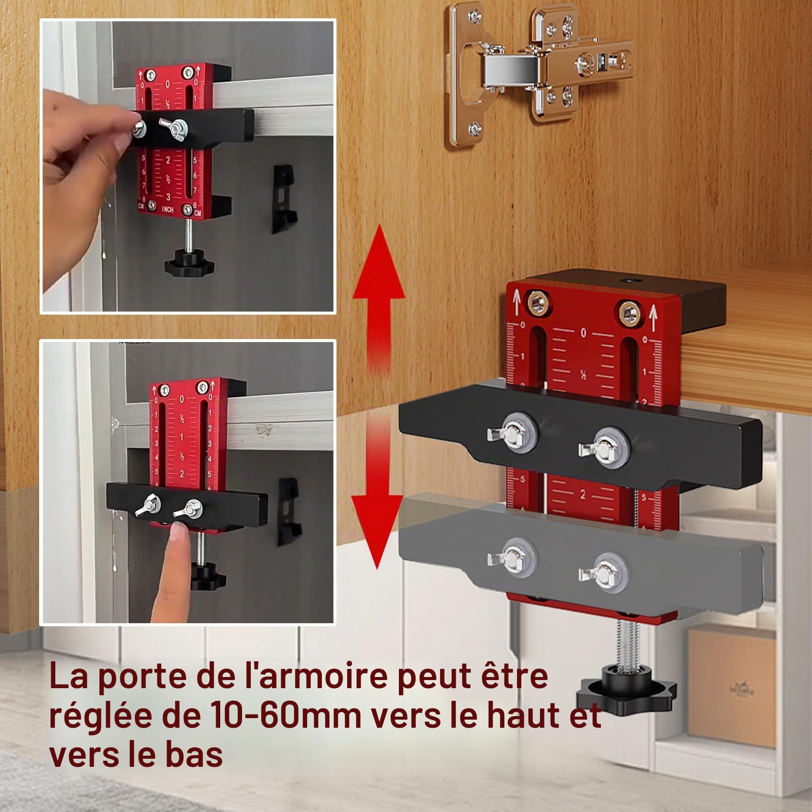 Positionneur d'installation de porte d'armoire, Cabinet Door Installation Positioner, longueur réglable de 10 à 60 mm, outil de positionnement de porte d'armoire compatible avec la plupart des