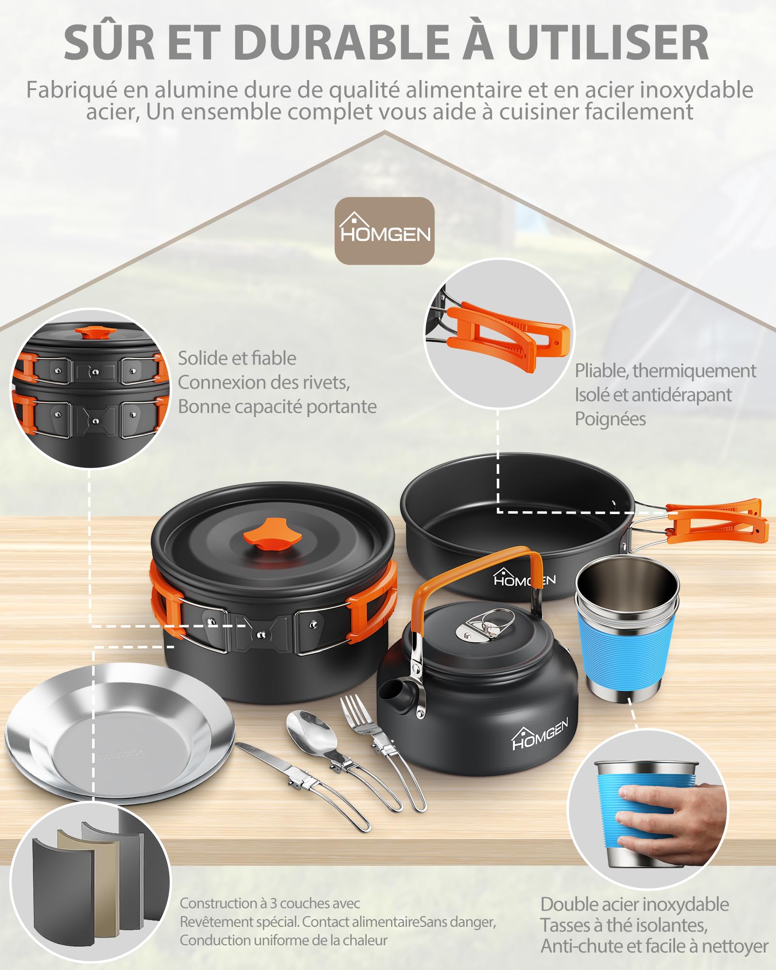 HOMGEN Set de Cuisine de Camping avec Pare-Brise Ensemble de Casseroles et Poêles de Camping en Aluminium pour 2-3 Personnes - Batterie de Cuisine Portable Légère pour l’extérieur, la Randonnée