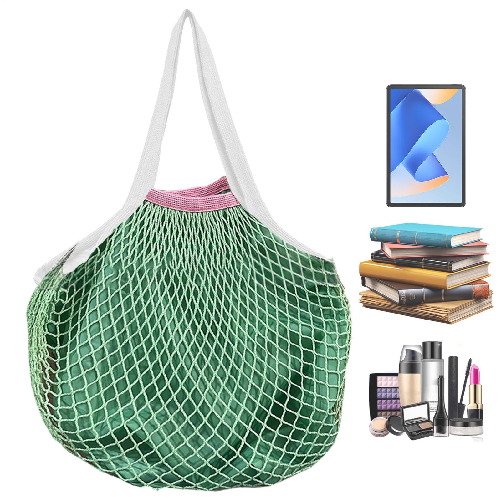 Bolsa de malla de algodón de gran capacidad con asas largas para hombro lavable 8