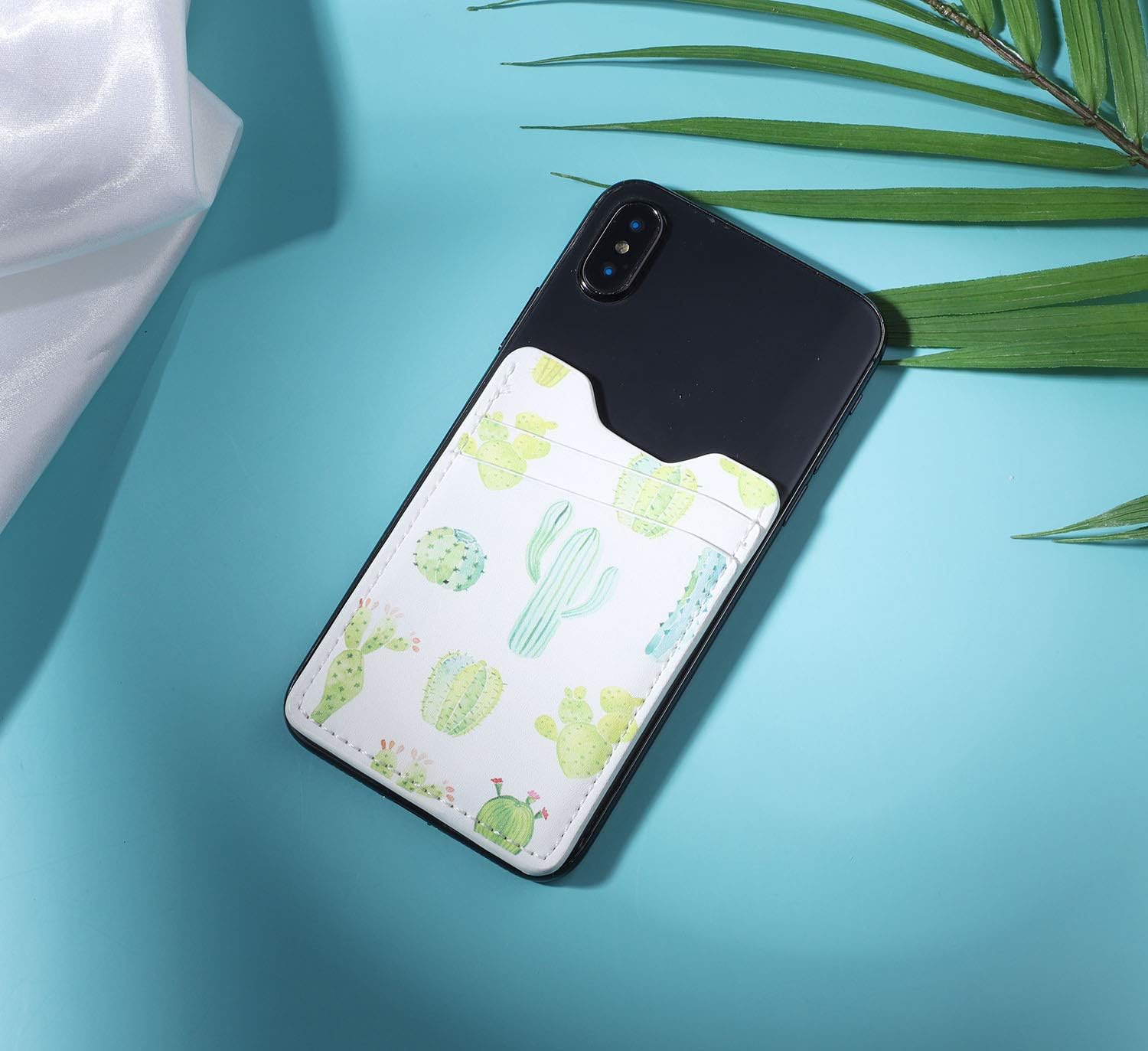 Fulgamo 2Pack PU Leather Phone Pocket,Cell Phone Stick On Card Wallet,Credit Cards/ID Card Holder(Double Secure) with Sticker for Back of iPhone,Android and All Smartphones (2 Green Cactus)
