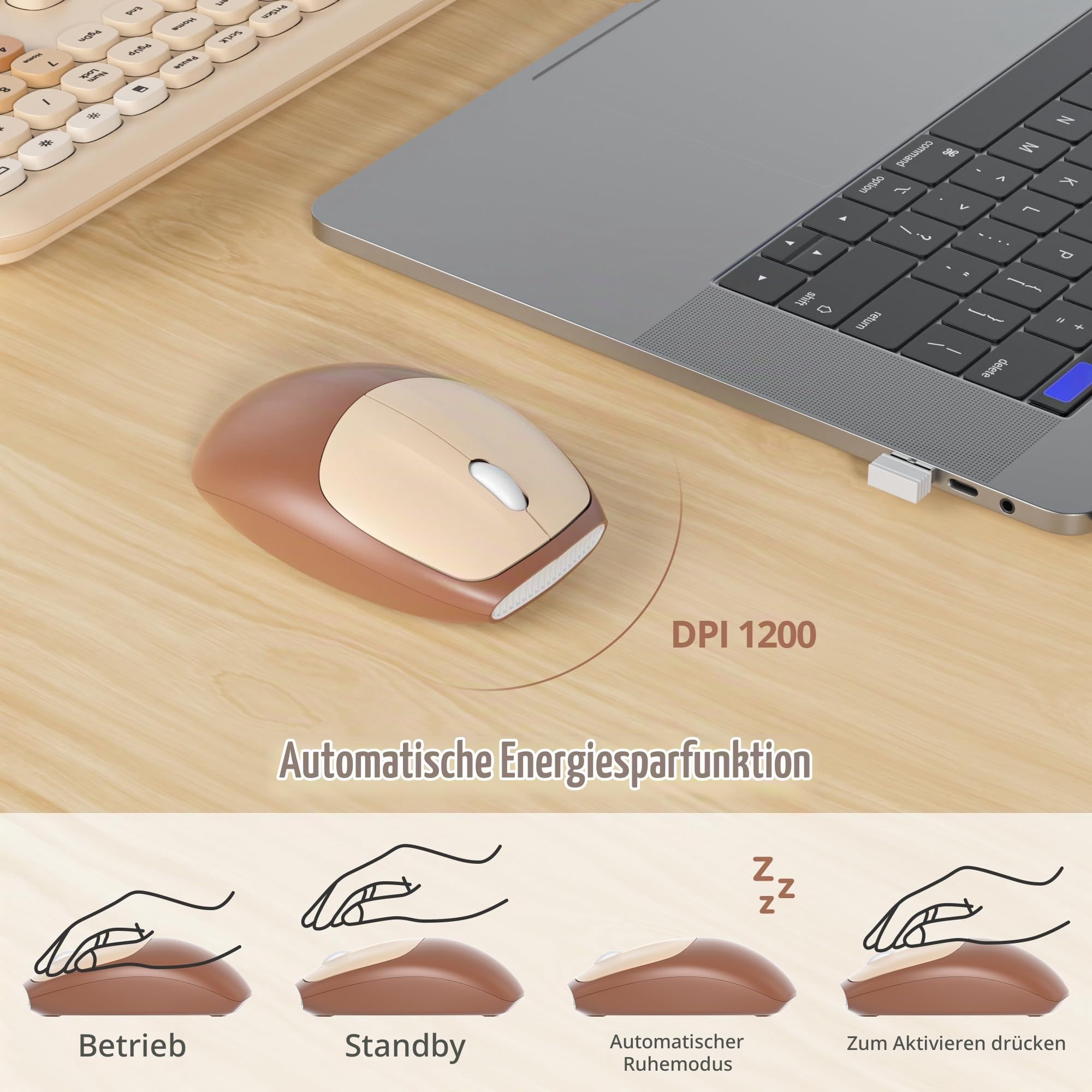 SOLIDEE Buntes kabellose Tastatur und Maus-Kombination,2.4GHz Retro Schreibmaschine Tastatur,104 Tasten in voller mit Ziffernblock,Leise membran Tastatur(Amerikanisch QWERTY)(Coffee)